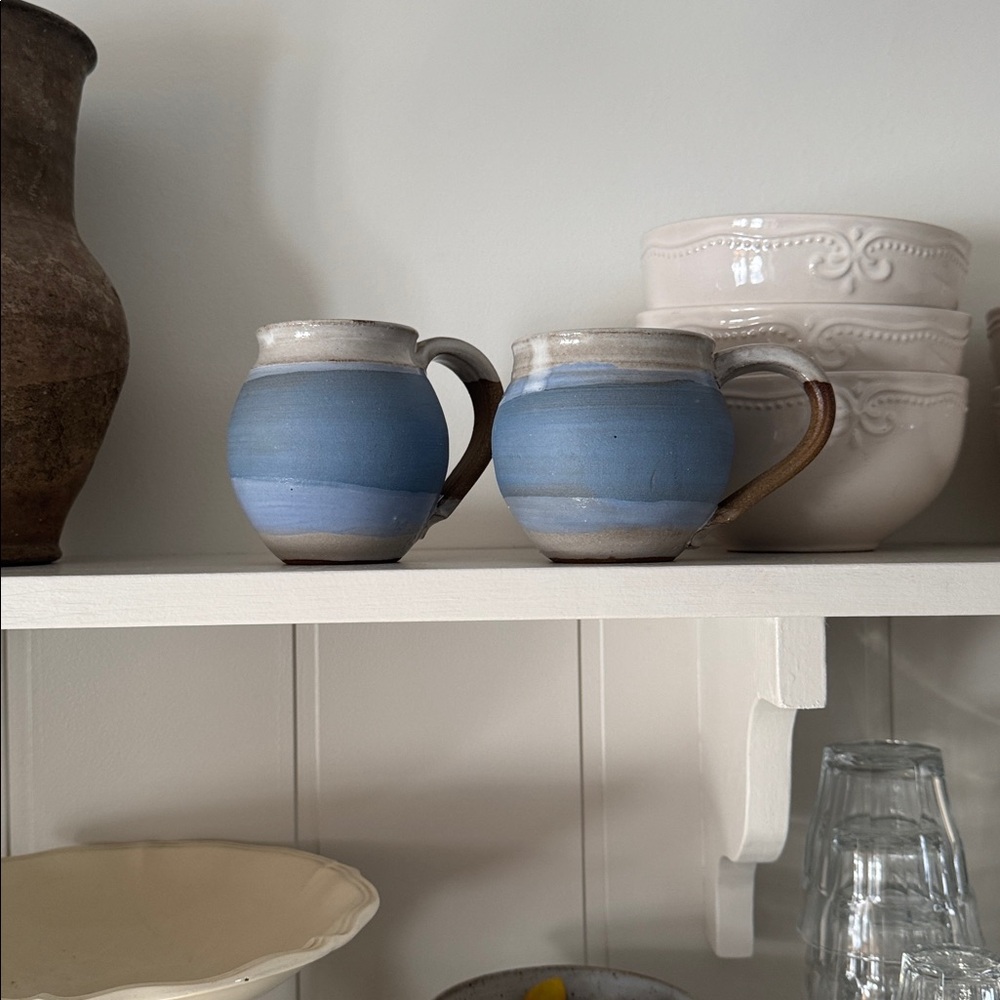 Set of Two Studio Pottery Blue Mugs